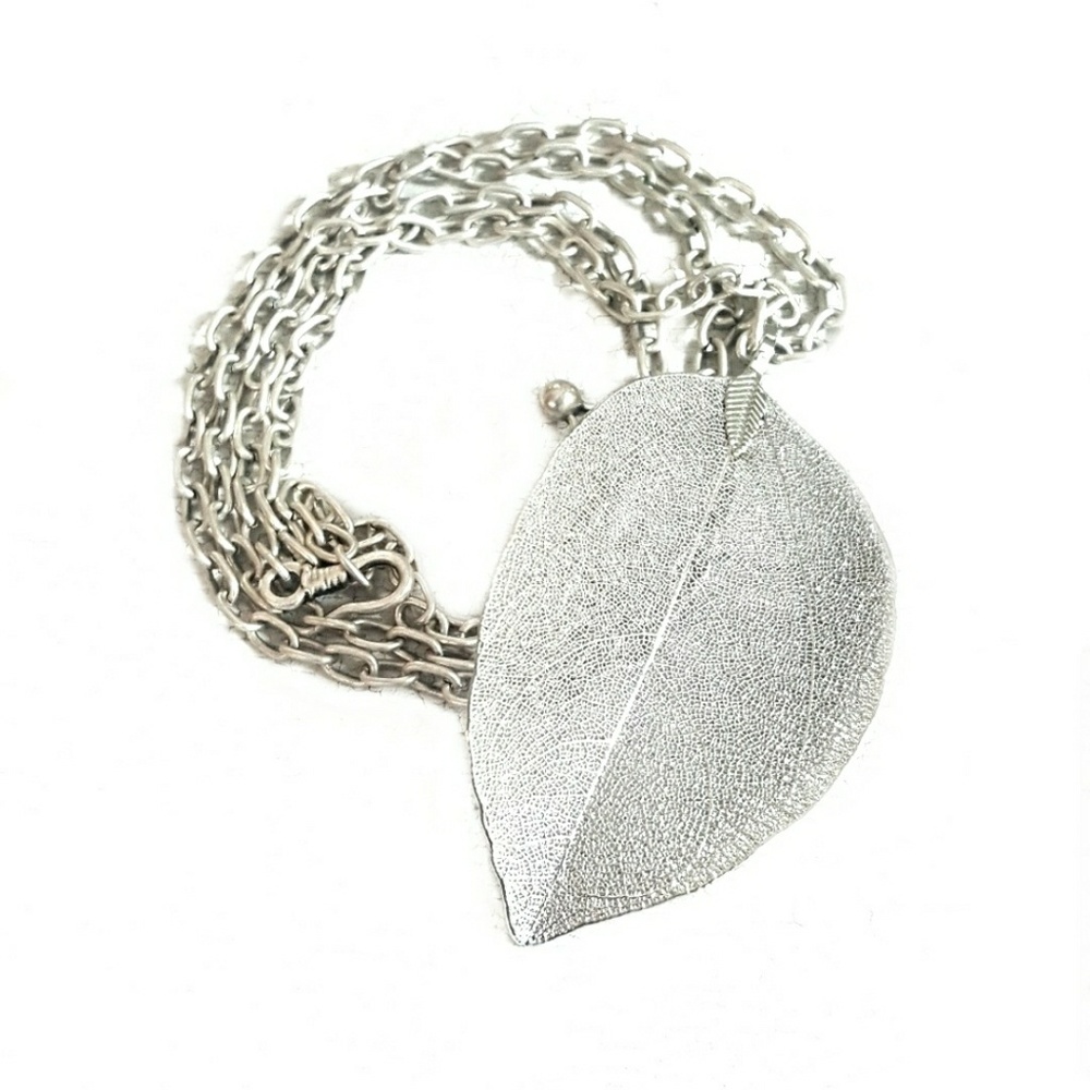 Lovely Long Silver Dipped Leaf Charm Necklace
